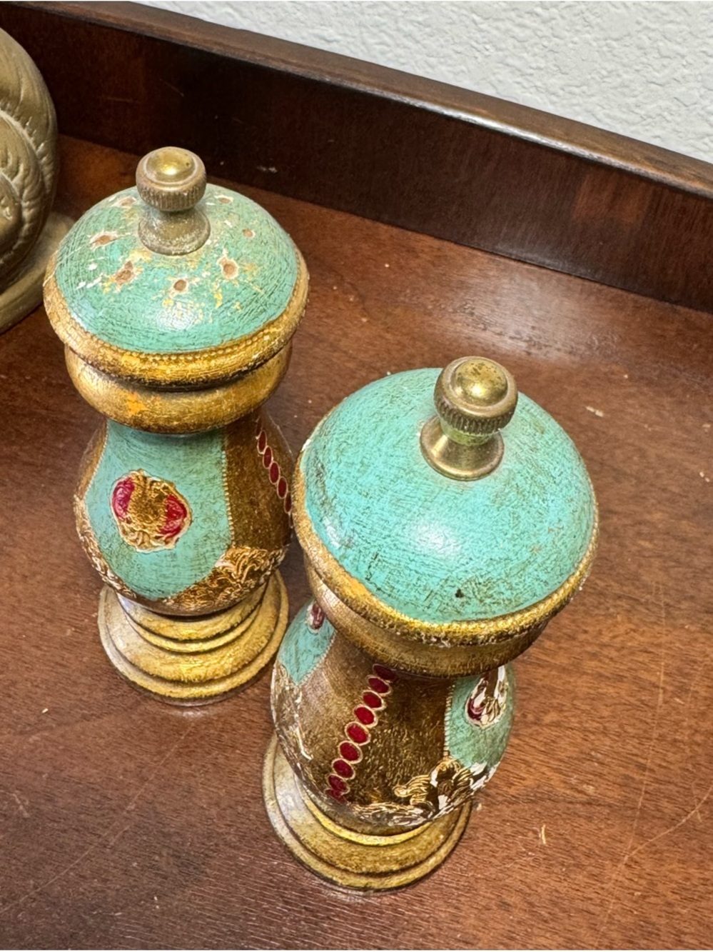 Vintage Florentine Teal Gold Gilt Pepper Mill & Salt Shaker Set- Italy - Picture 11 of 12